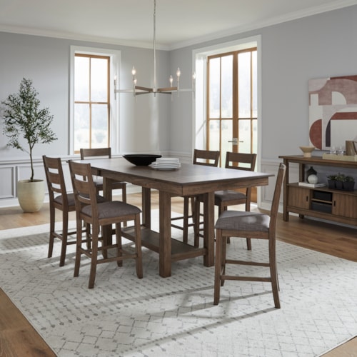 Transitional 7-Piece Gathering Trestle Table Dining Set with Slat Back Stools