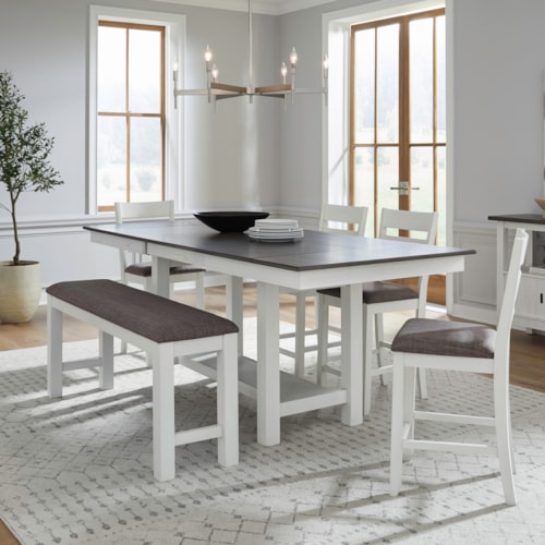 Transitional 6-Piece Gathering Trestle Table Dining Set with Slat Back Stools and Bench