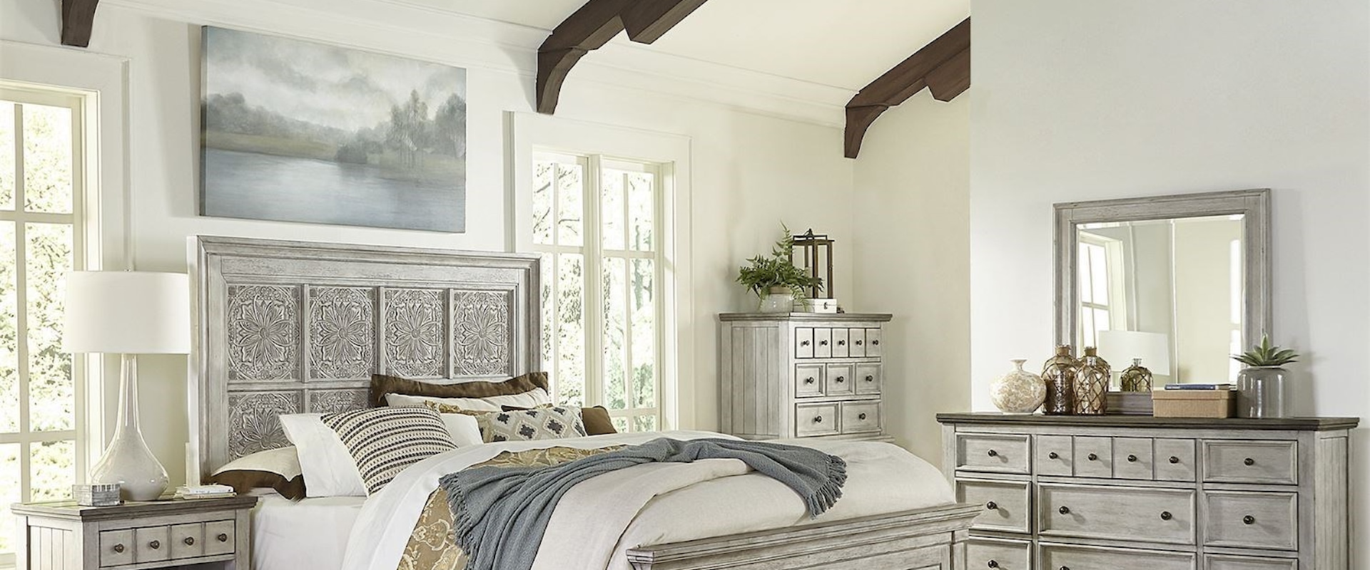 Farmhouse 5-Piece Decorative Queen Panel Bedroom Group with Charging Station
