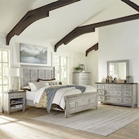 Farmhouse 5-Piece Decorative Queen Panel Bedroom Group with Charging Station