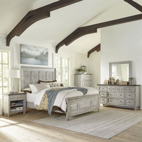 Farmhouse 5-Piece Decorative Queen Panel Bedroom Group with Charging Station