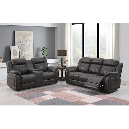 Transitional Reclining Sofa and Loveseat with Console