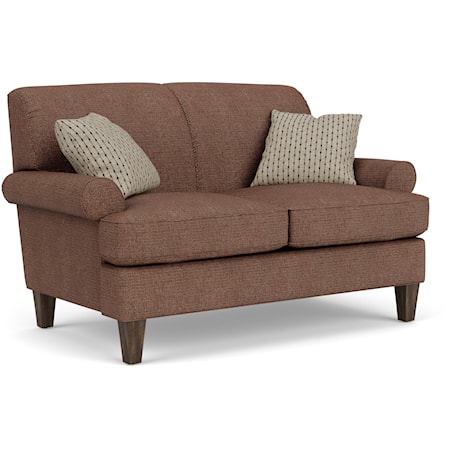 Transitional Loveseat with Rolled Arms and Tapered Legs