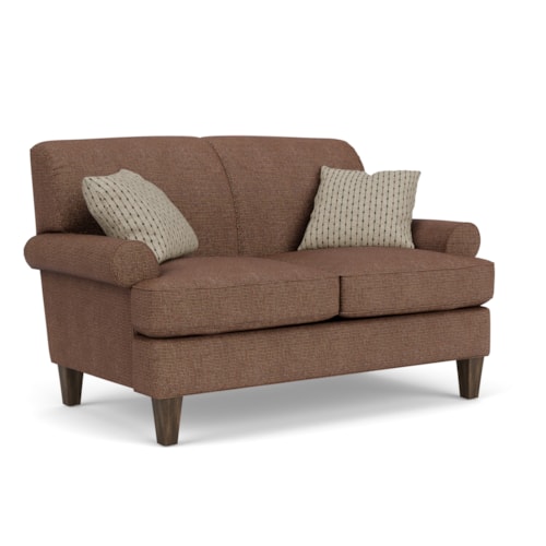 Transitional Loveseat with Rolled Arms and Tapered Legs