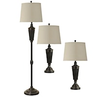 Transitional Bronze-Finished Floor Lamp and Set of Two Table Lamps