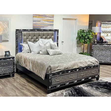 Glam Queen Bed w/Storage Footboard & Rails