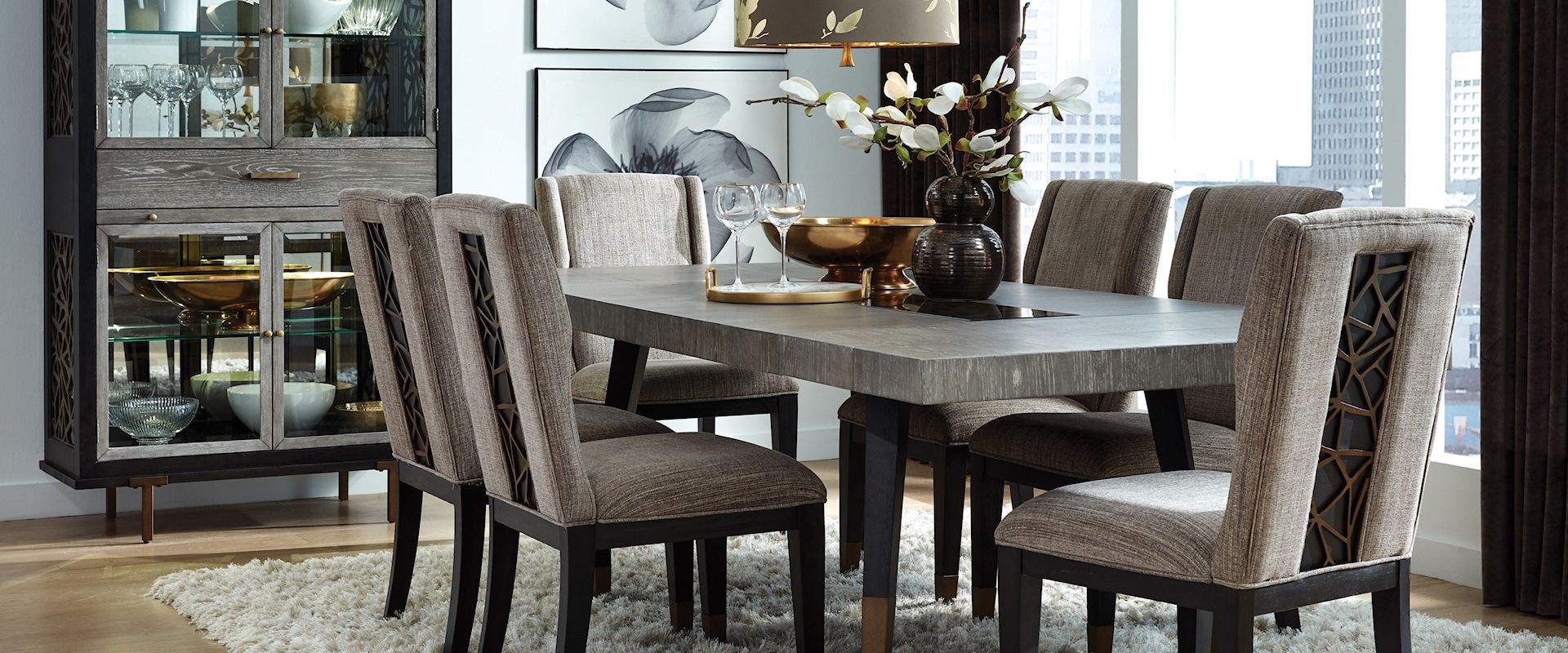 Transitional 8-Piece Formal Dining Set with Upholstered Chairs and Glass China Cabinet