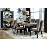 Transitional 8-Piece Formal Dining Set with Upholstered Chairs and Glass China Cabinet