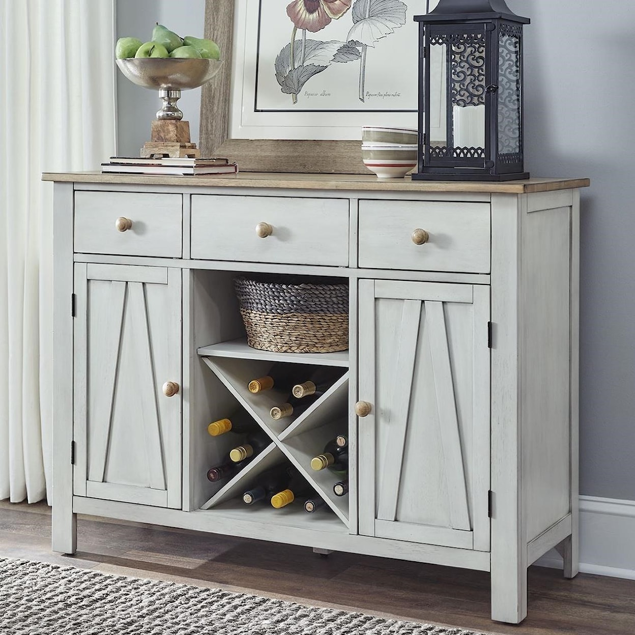 Liberty Furniture Lindsey Farm 62Wh-Sr4836 Transitional Two-Toned Server  With Wine Rack | Prime Brothers Furniture | Dining - Sideboards