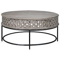 Carved Mango Round Cocktail Table in Gray Finish with Metal Base
