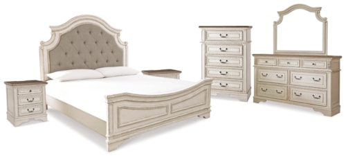 King Upholstered Panel Bed, Dresser, Mirror, Chest And 2 Nightstands