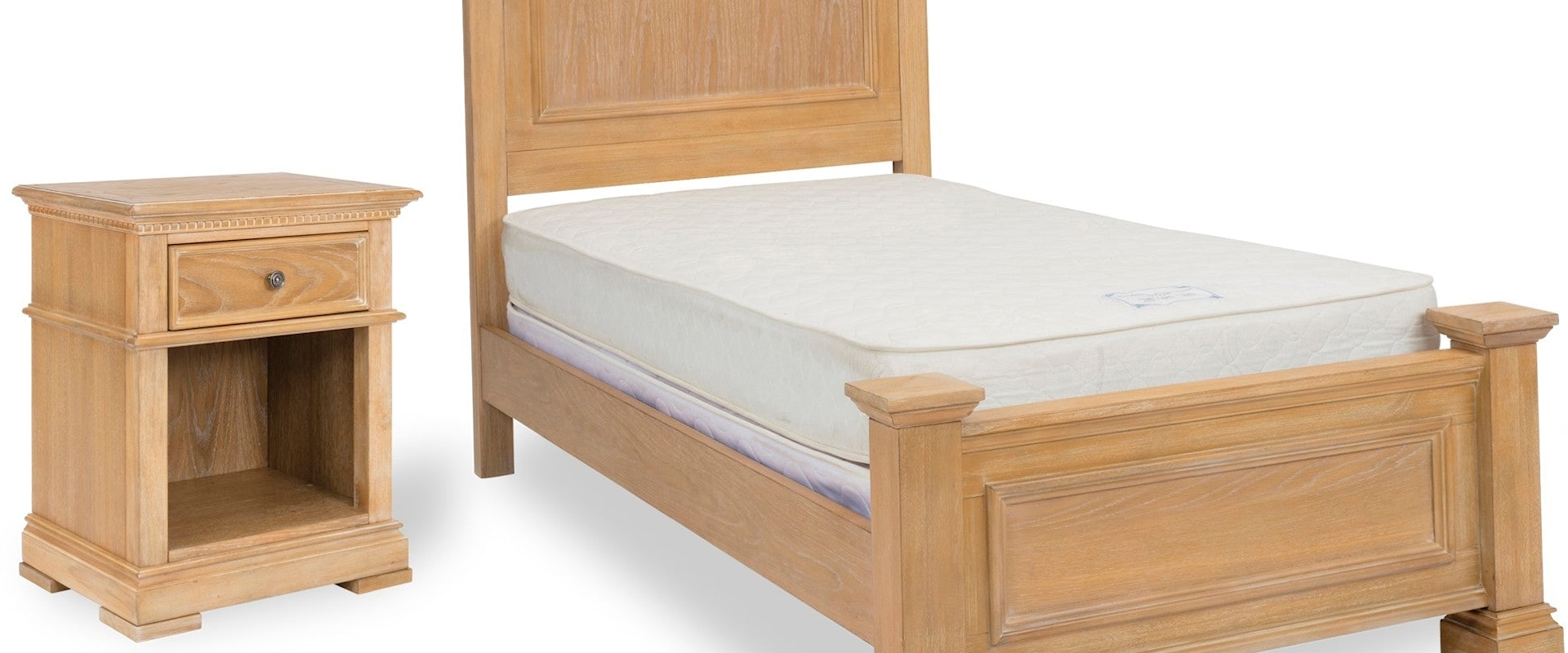Traditional Twin Bed and Nightstand Set with White Oak Finish