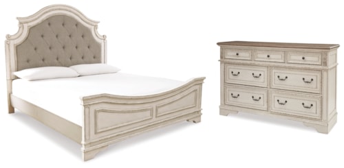 King Upholstered Panel Bed And Dresser