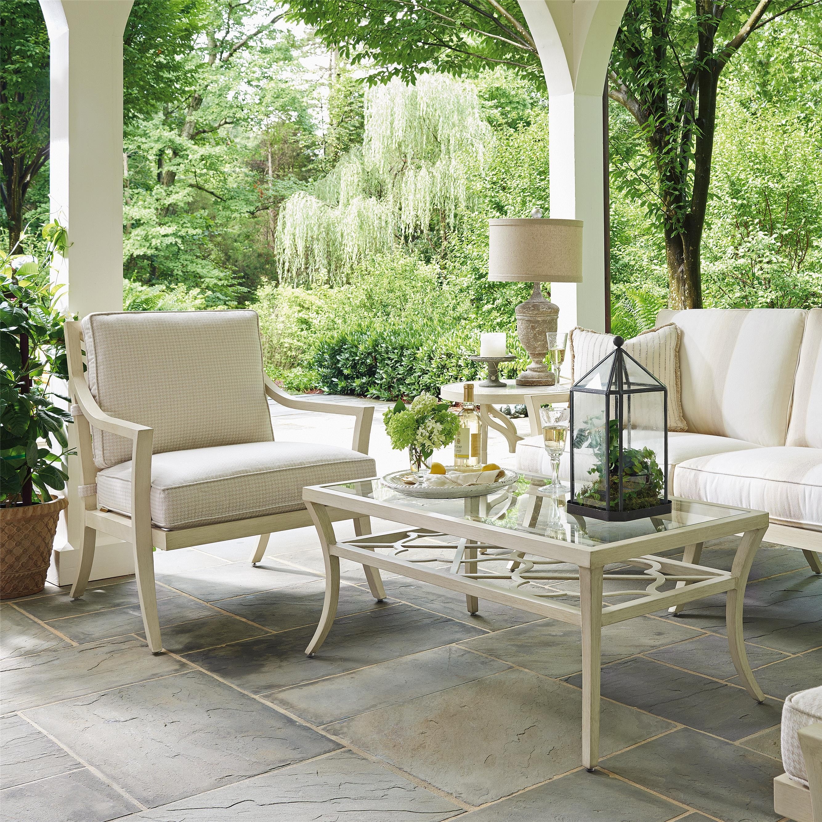 Outdoor Rectangular Cocktail Table with Glass Top and Quatrefoil Design