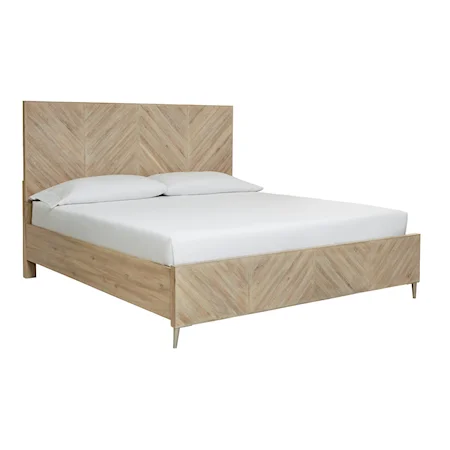Transitional King Panel Bed with Geometric Headboard Design and USB Ports