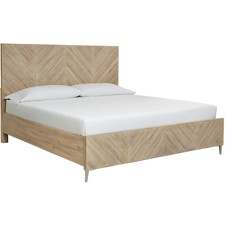 Transitional California King Panel Bed with Geometric Headboard Design and USB Ports