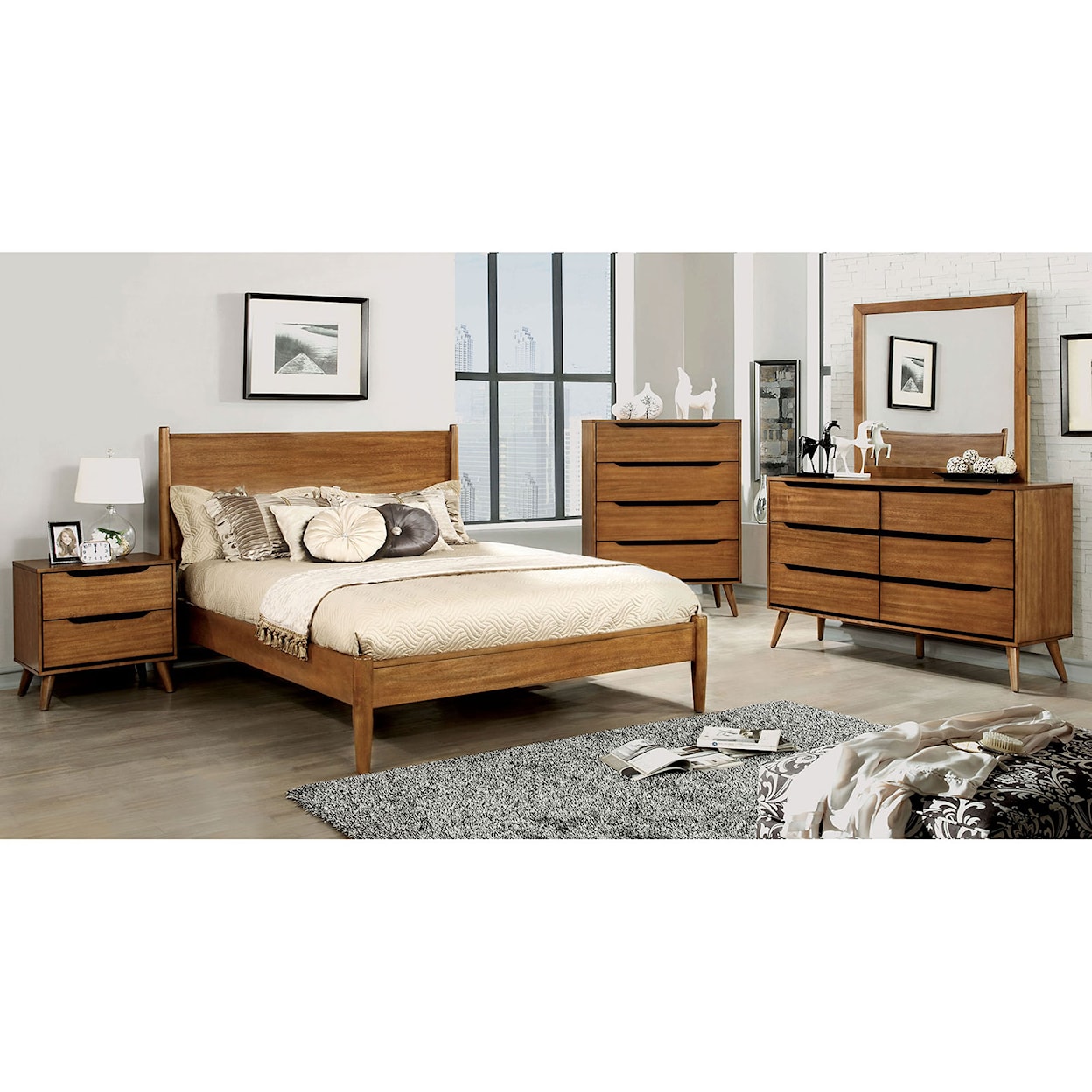 Furniture of America Lennart Queen Bed + 2NS + Dresser + Mirror