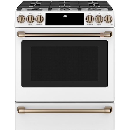 Café™ 30'' Slide-In Front Control Dual-Fuel Convection Range with Warming Drawer Matte White