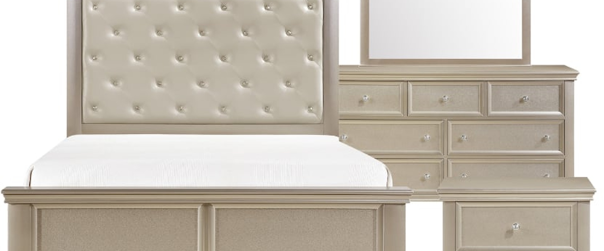 Glam 4-Piece Queen Bedroom Set with Tufted Upholstery Headboard