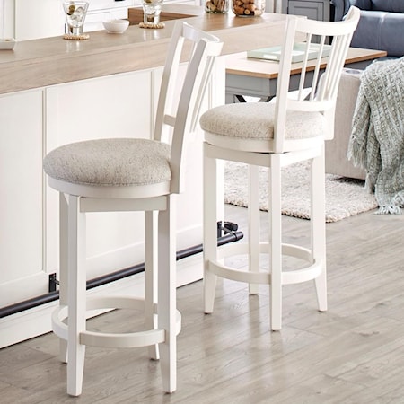 Transitional Swivel Barstool with Spindle Back and Upholstered Seat