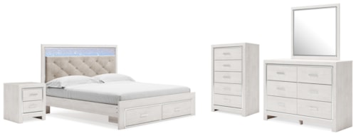 King Upholstered Storage Bed, Dresser, Mirror, Chest, And Nightstand