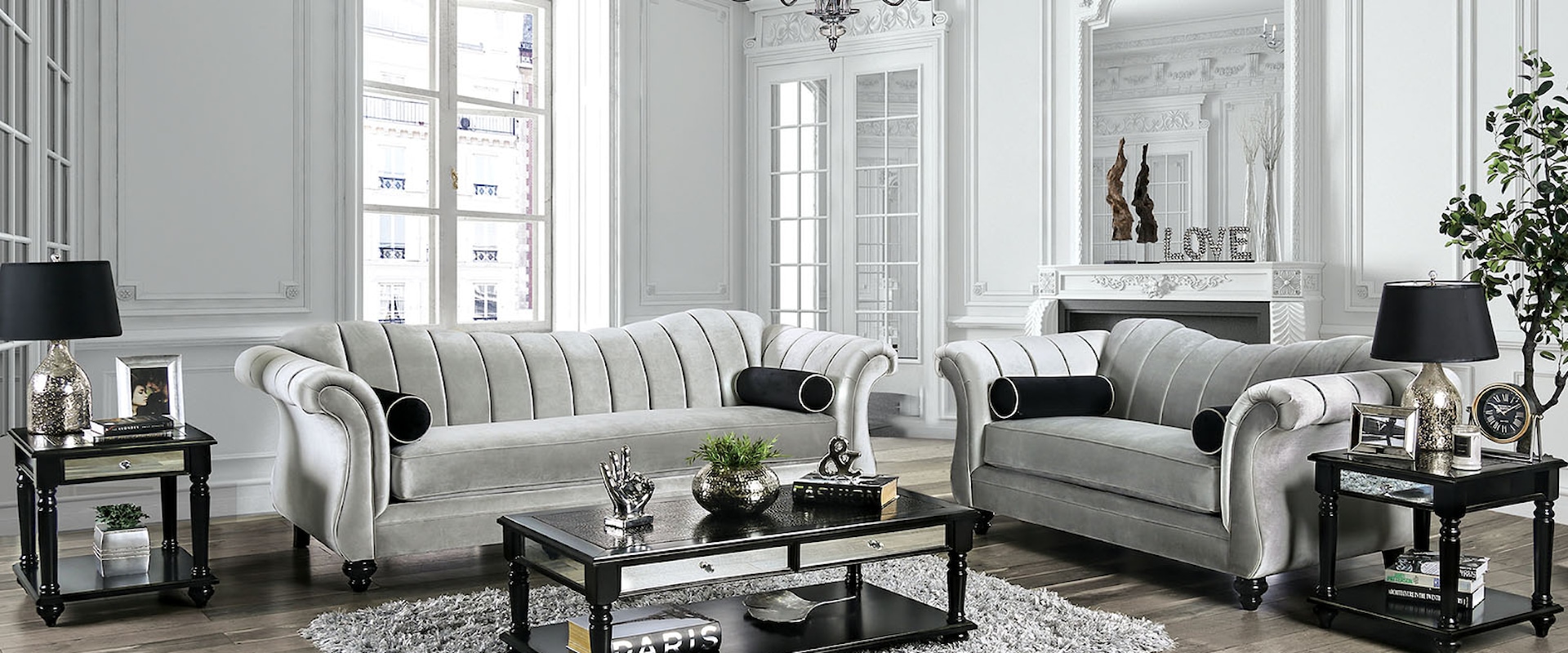 Glam Sofa and Loveseat Set with Rolled Arms