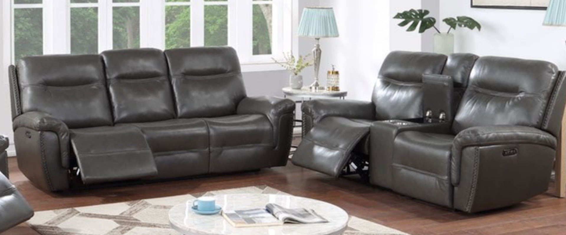 Contemporary 2-Piece Leather Reclining Sofa and Loveseat Set with Power Headrests and Footrests