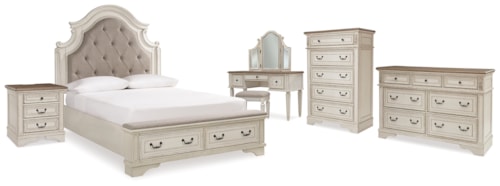 Queen Upholstery Panel Bed, Dresser, Chest, Nightstand, And Vanity Set