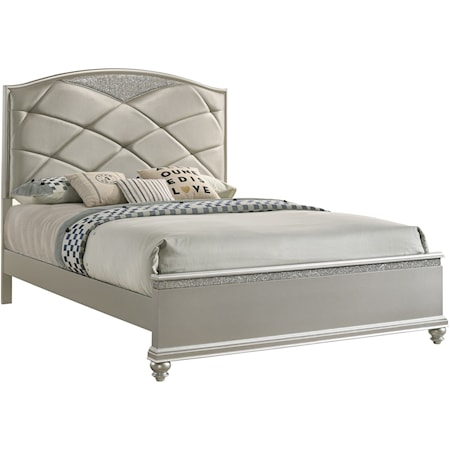 Glam King Platform Bed with Bun Feet and Upholstered Headboard