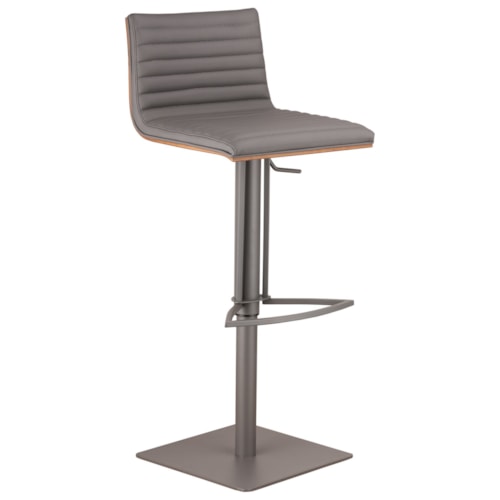 Adjustable Swivel Metal Barstool in Gray Faux Leather with Walnut Back