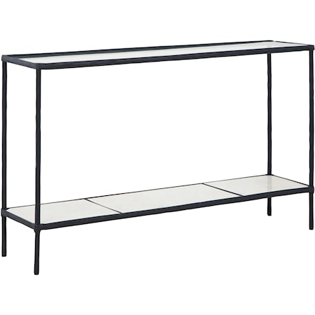 Console Sofa Table in Antiqued Black Finish with Marble Shelf