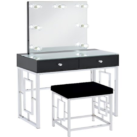 Contemporary Vanity Table and Stool Set with 2 Drawers and Built-In Lighting