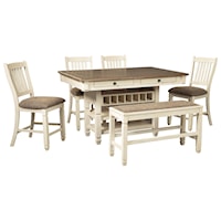 Relaxed Vintage 6-Piece Counter Table with Wine Storage, Stools, and Bench