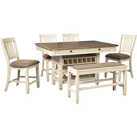 Relaxed Vintage 6-Piece Counter Table with Wine Storage, Stools, and Bench