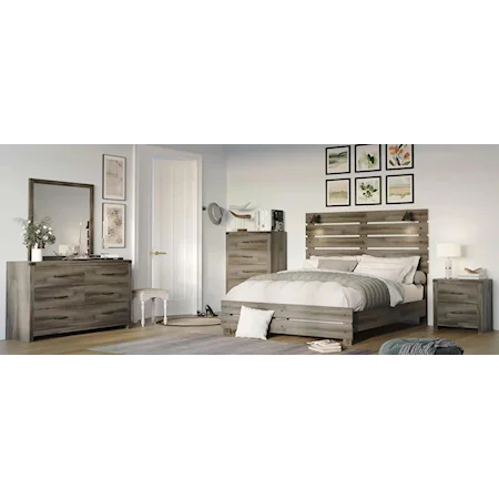 5-Piece Rustic Queen Bed with Built-in Lighting Bedroom Set