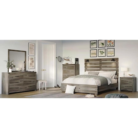 5-Piece Rustic King Bed with Built-in Lighting Bedroom Set