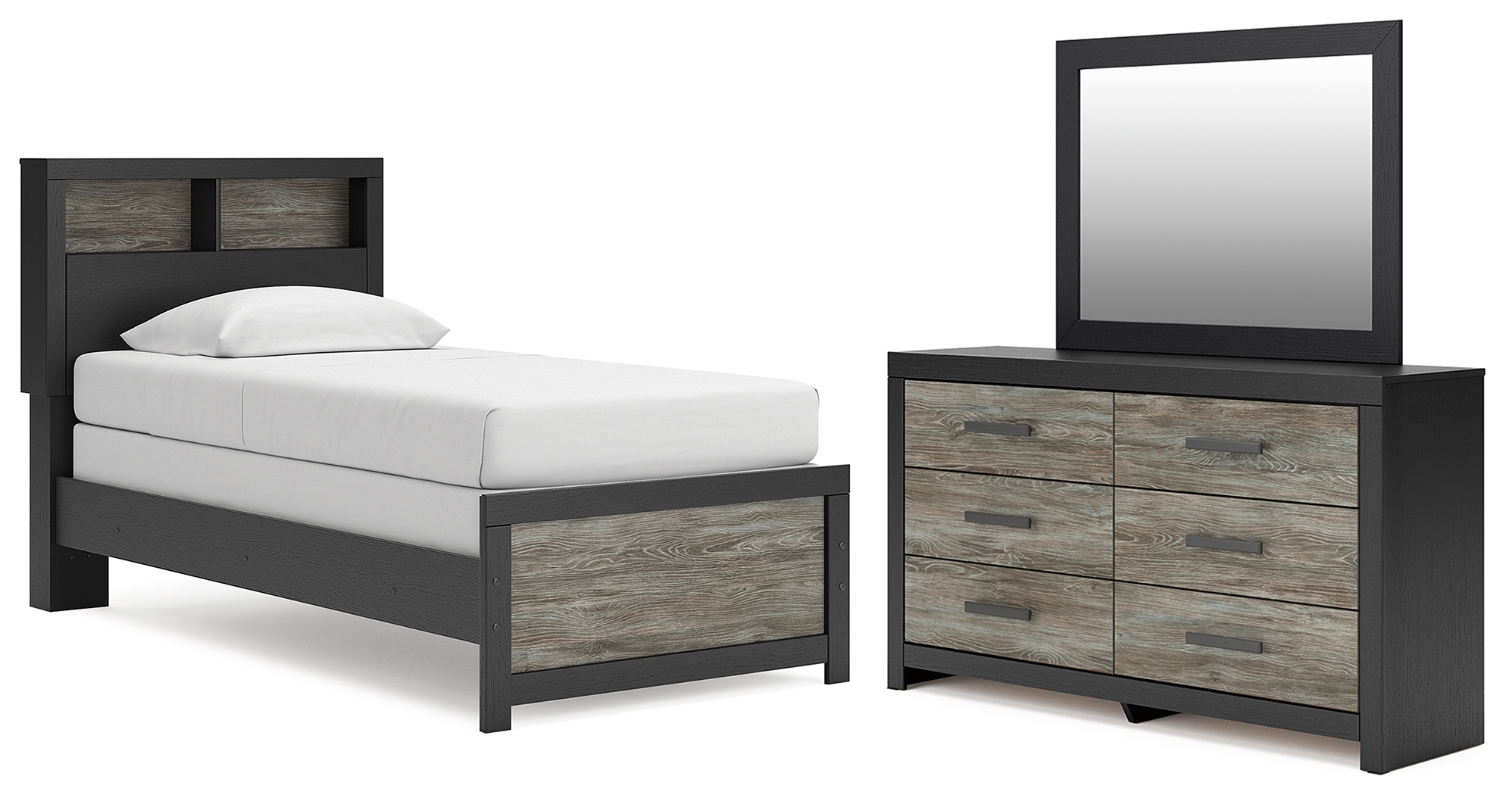 Twin Bookcase Bed, Dresser And Mirror