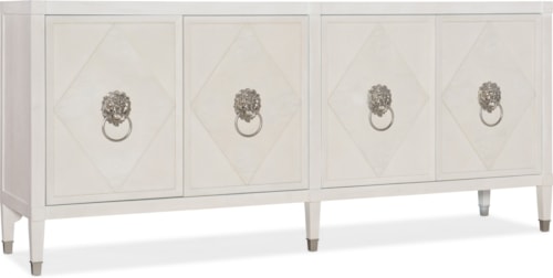 Transitional Four Door TV Stand with Power Outlets and Decorative Lion's Head Ring Hardware