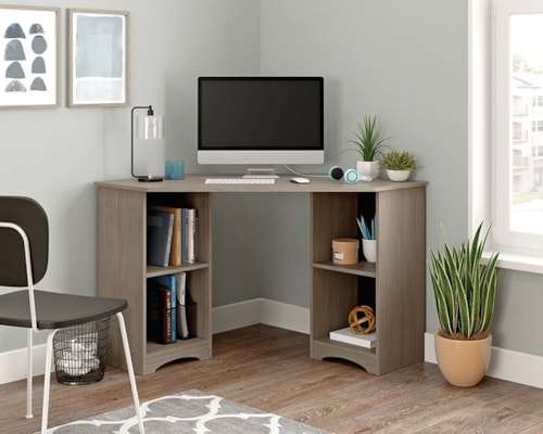 Transitional Corner Desk with Lower Shelf Storage