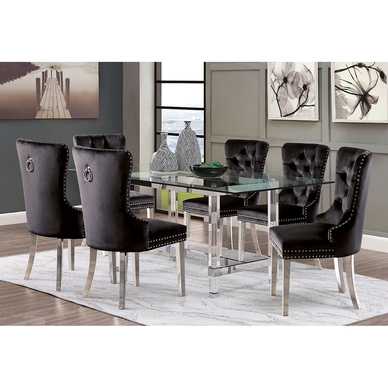 Furniture of America Casper 7 Pc. Dining Table Set, Black Chairs