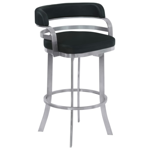 30" Bar Height Metal Barstool in Black Faux Leather with Brushed Stainless Steel Finish