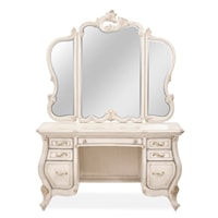 Traditional Vanity Desk and Mirror with Velvet Lined Jewerly Tray