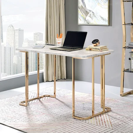 Gold Finish Desk with White Faux Marble Top and Built-in Outlets and USB Charging