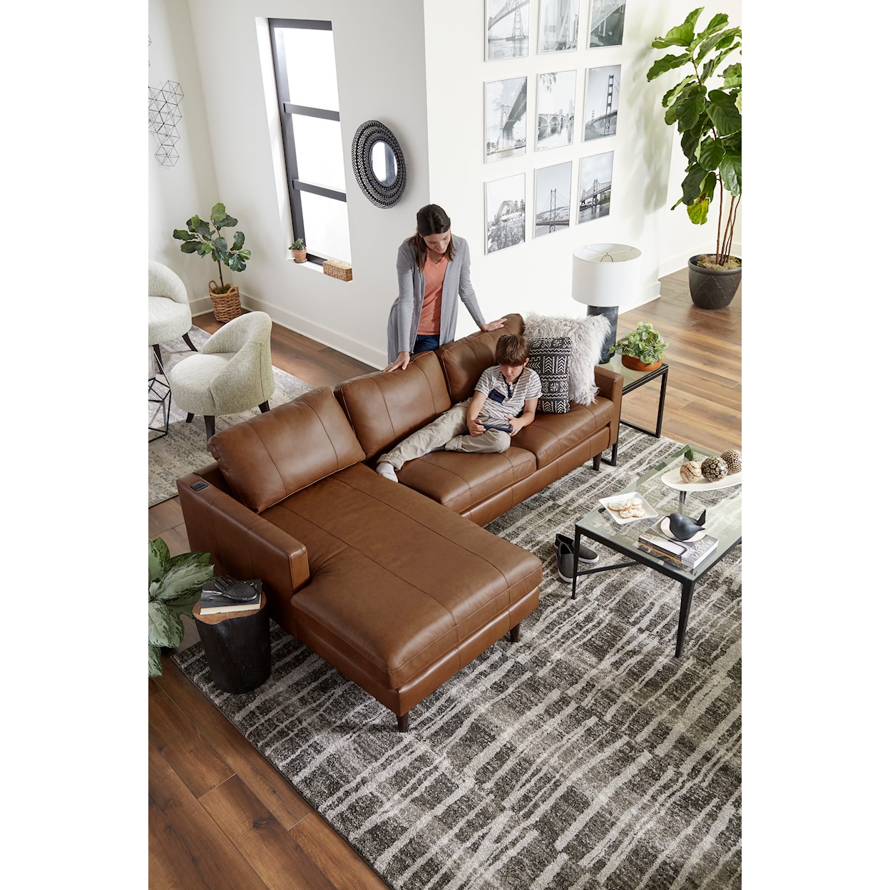 Best Home Furnishings Trafton Leather Chaise Sofa w/ USB Port & Wood Feet