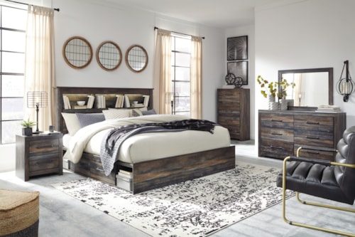 King Bookcase Storage Bed, Dresser, Mirror, Chest And 2 Nightstands