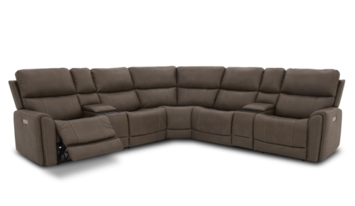 Transitional 7-Piece Power Reclining Sectional Sofa with 2 Storage Consoles