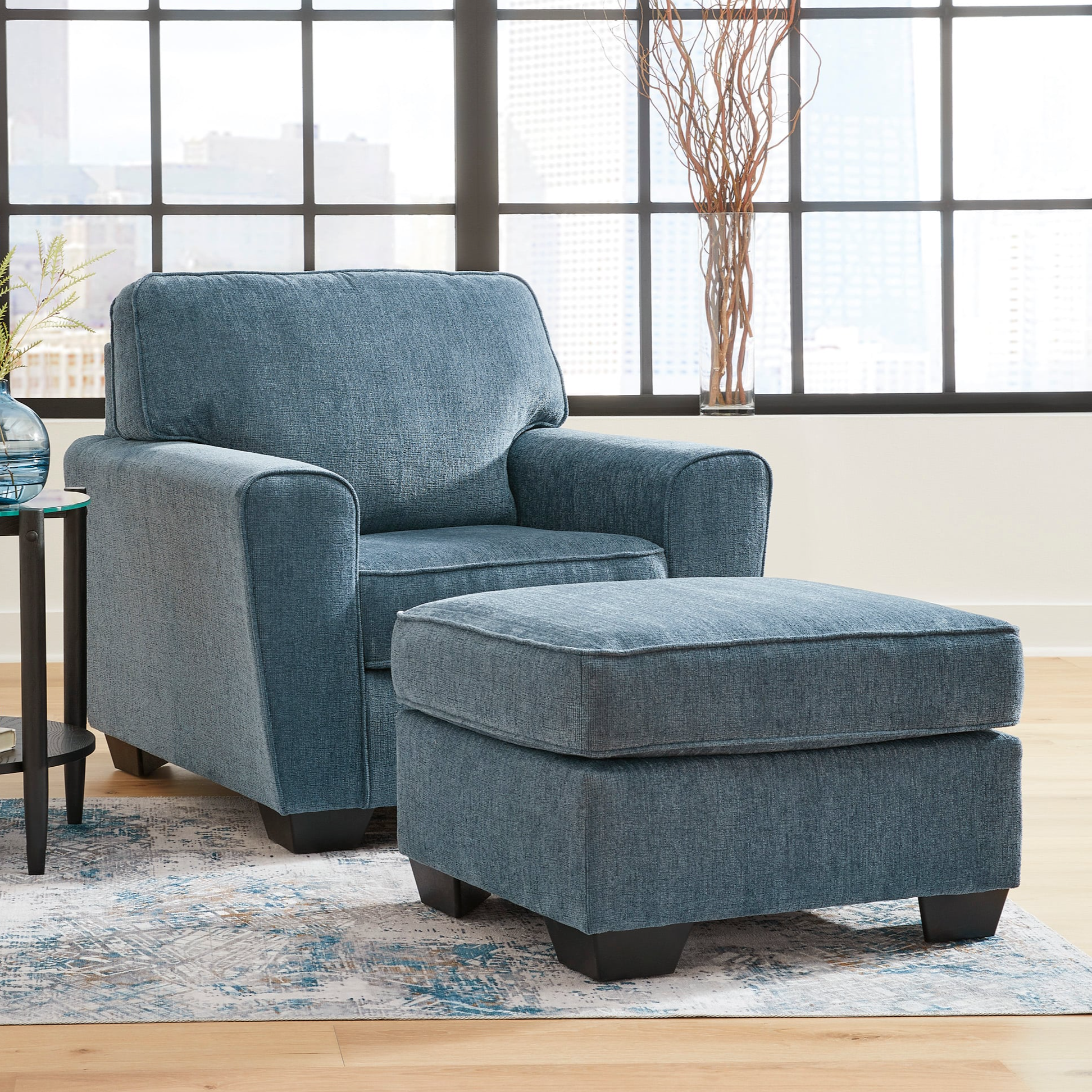 Blue club best sale chair with ottoman