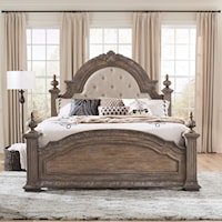 Transitional Queen Upholstered Poster Bed with Button-Tufting