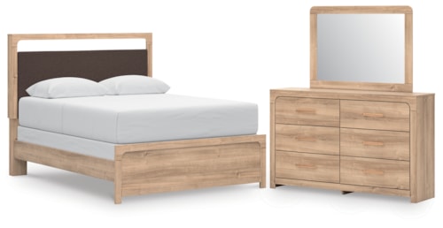 Queen Upholstered Panel Bed, Dresser And Mirror