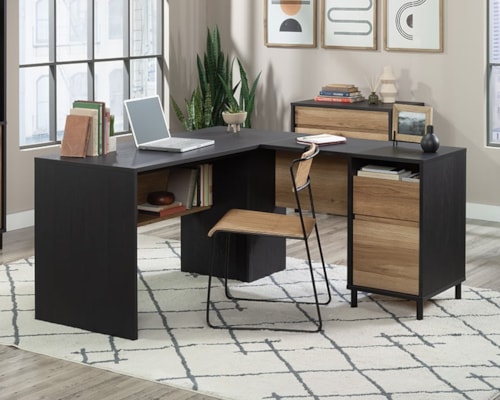 Rustic L-Shaped Desk with Open Shelf Storage